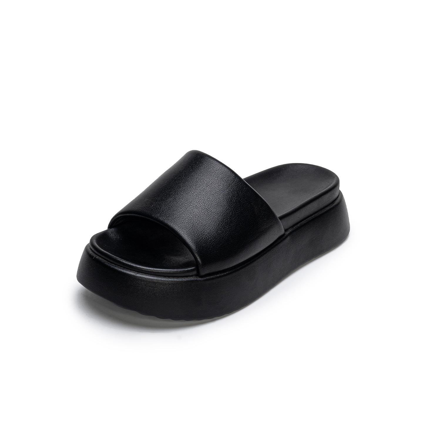 Women s Genuine Leather Thick-Soled Outdoor Slippers - Fashionable Single Strap Platform Sandals for Summer 34 чёрный