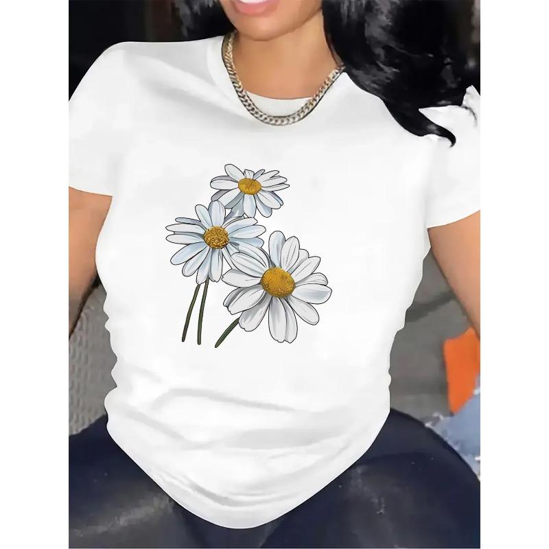 Women Black Daisy Print T-Shirt Short Sleeve Lightweight Comfortable Daily Home Office Casual Outing Top
