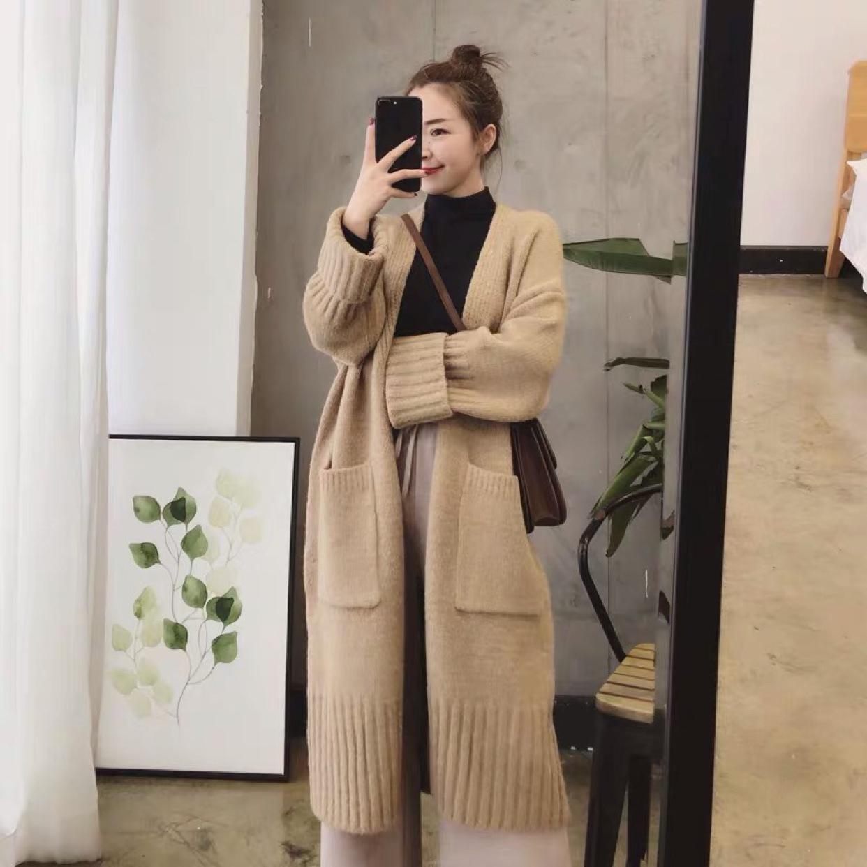 

2025 Korean Style Thick Knit Mid-Length Cardigan for Women One Size хаки