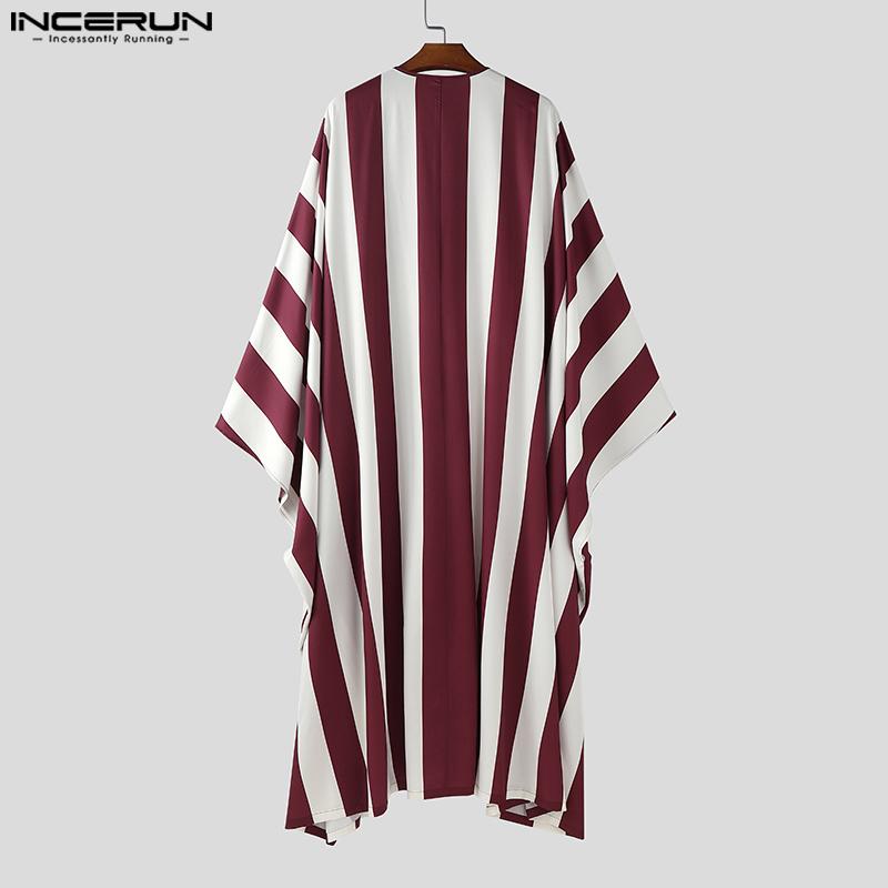 INCERUN Men V Neck Batwing Sleeve Striped Print Irregular Casual Loose Long Dress Robes