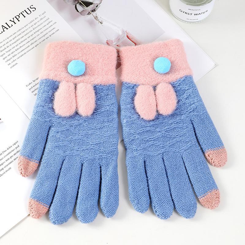 Cute Knitted Gloves Women Winter Thickened Warm Riding Electric Car Full Finger Students Writing Winter AY