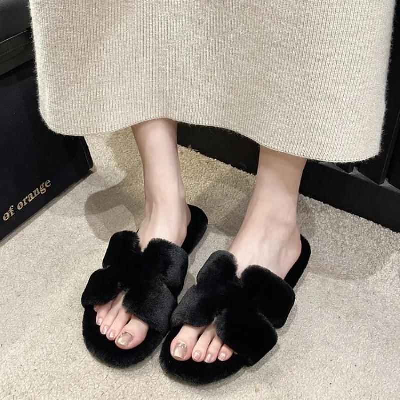 Fashion Lamb Fur Slippers Women's Casual Soft Bottom Slip-On Shoes Autumn Winter New Style Fashionable Rubber Slipper Comfortable Lazy