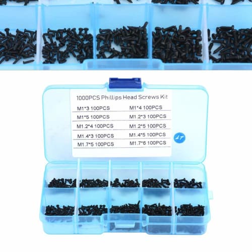 1000-Piece Self-Tapping Screw Set, Small Screws M1, M1.2, M1.4, M1.7, Flat Head, Stainless Steel, with Storage Box, Compatible with Watches, Glasses,