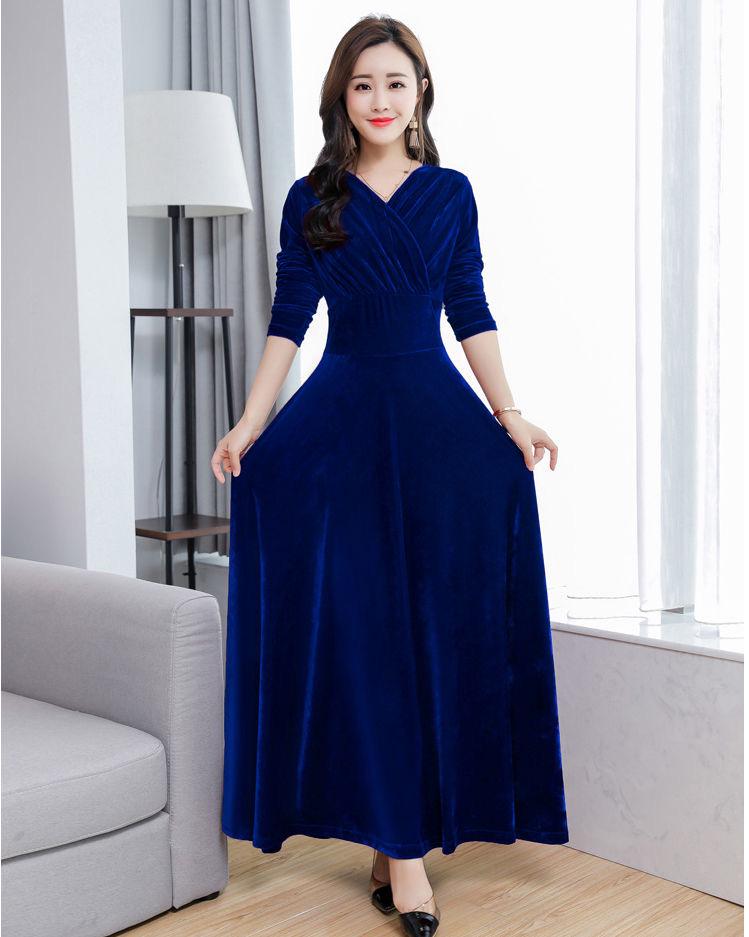2025 Gold Velvet Long Slim Dress with Long Sleeves - Plus Size Women's Spring/Autumn Fashion