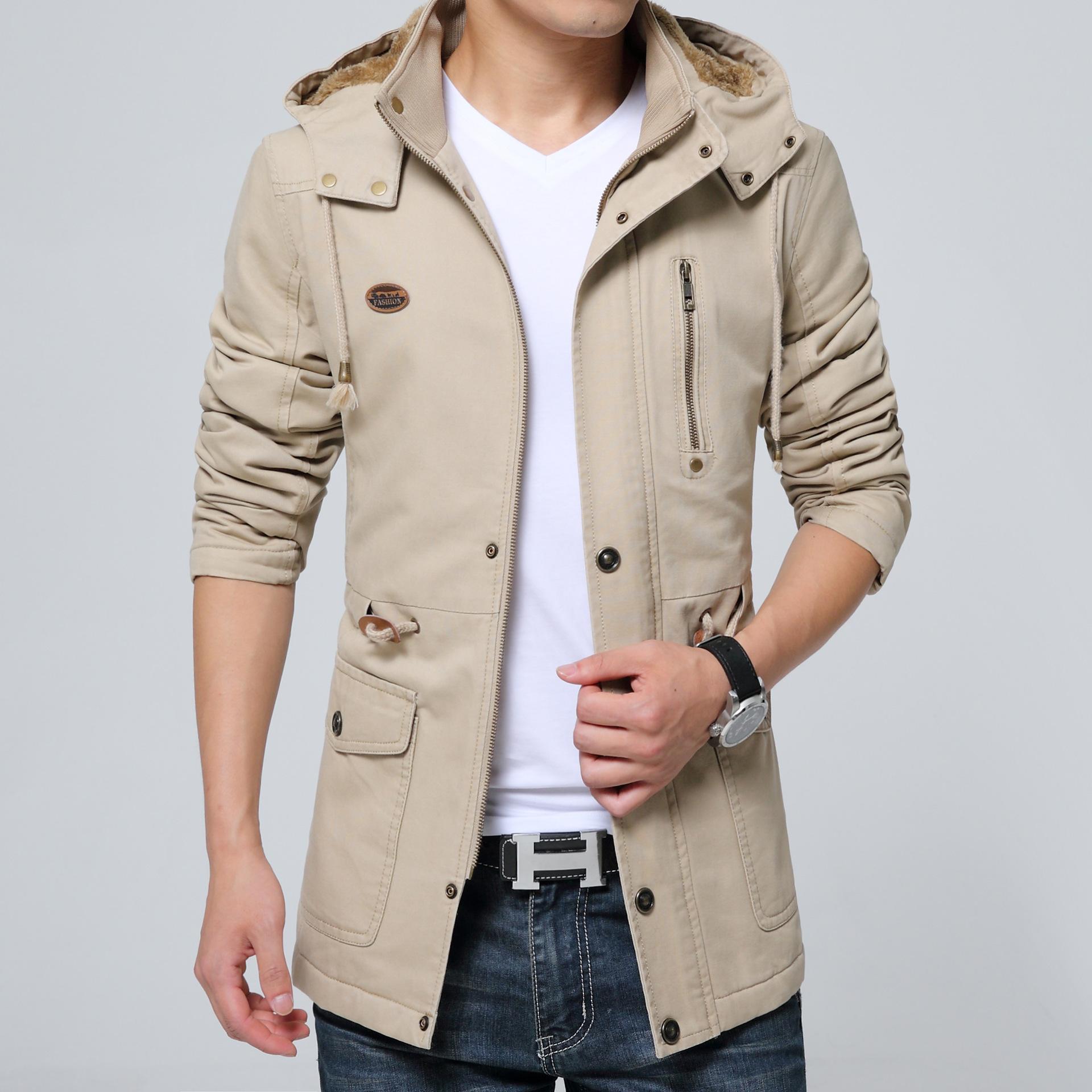 

Classic men s autumn and winter new fleece trench coat mid-length washed cotton men s plus-size jacket men s trendy padded clothes M
