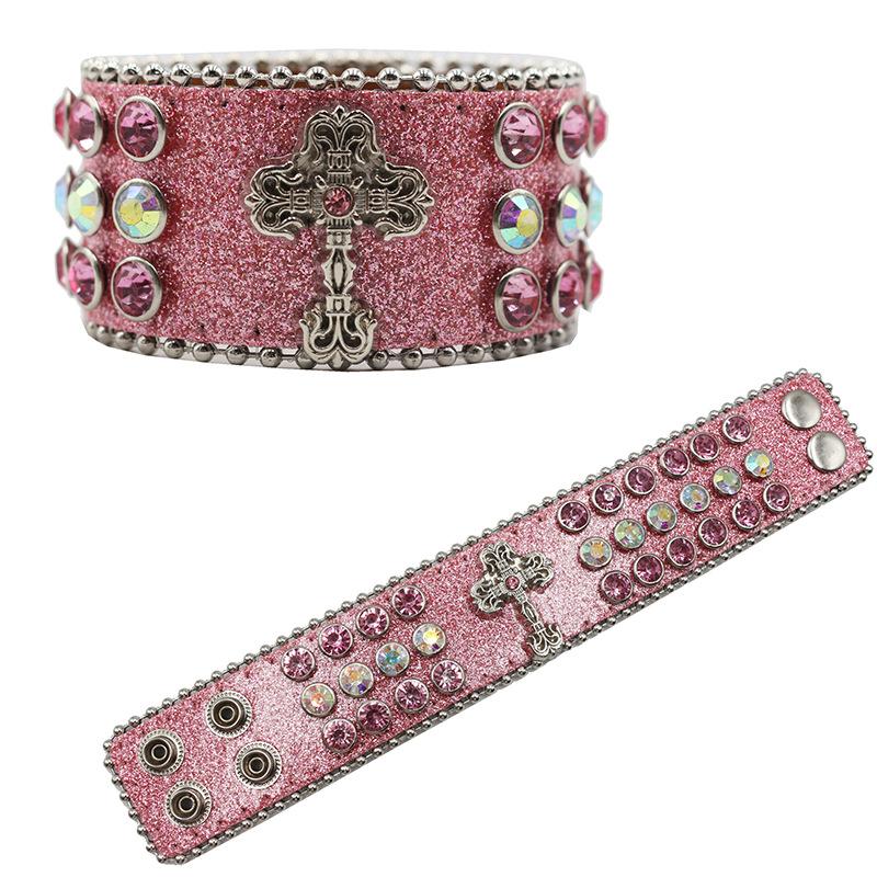 European and American Punk Cross Rhinestone Bracelet Design Diamond PU Leather Bracelet