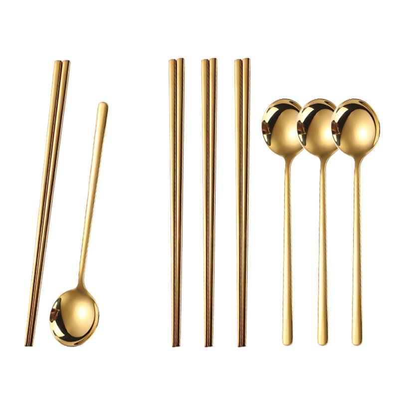 Wiederverwendbares Essstäbchen- und Löffelset, Koreanischer langer Edelstahl-Löffel und Essstäbchen, 4er-Set, Für Küche oder Restaurant