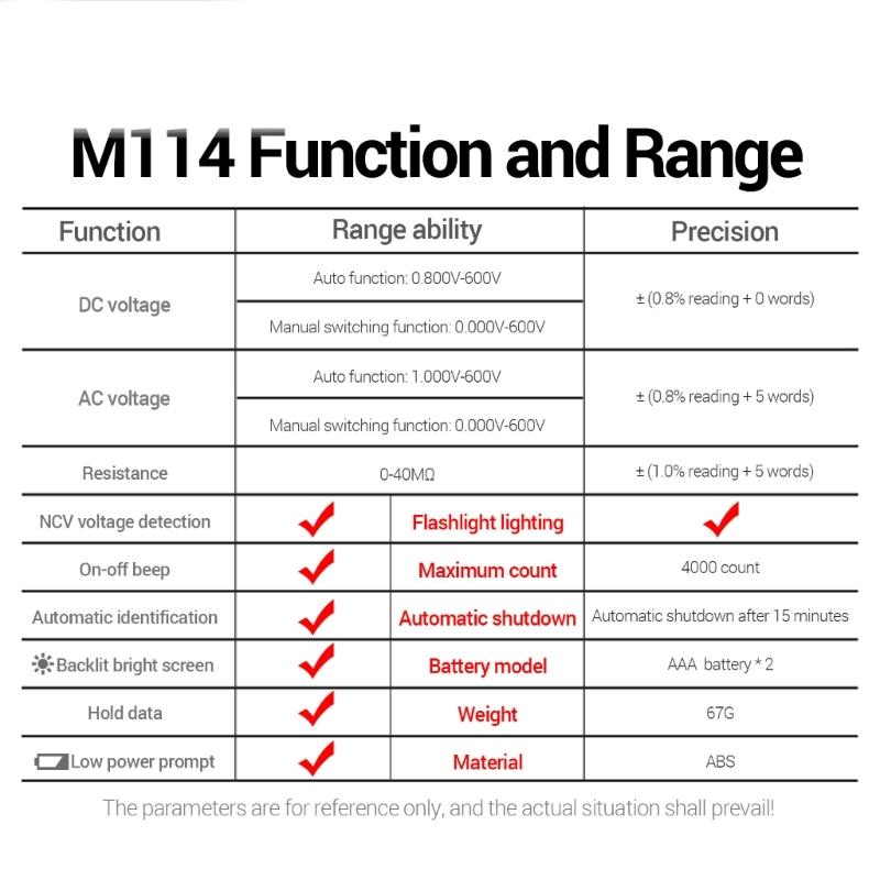 M114 4000 Counts Multimeter Digital Voltage Tester LCD Backlit Screen Multifunction NCV Resistance Testing Tool