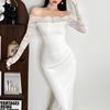 European and American women's clothing 2026 autumn new temperament one-word collar off-the-shoulder long-sleeved lace waist splicing dress