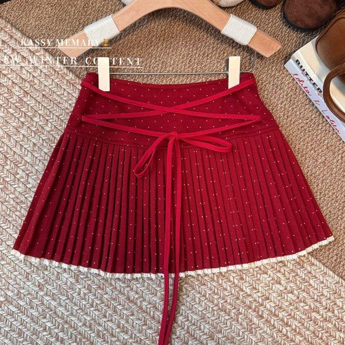 Women's High-Waist Red Polka Dot Bow Tie Lace-Up Skirt Shorts - Winter A-Line Pleated Skirt Style
