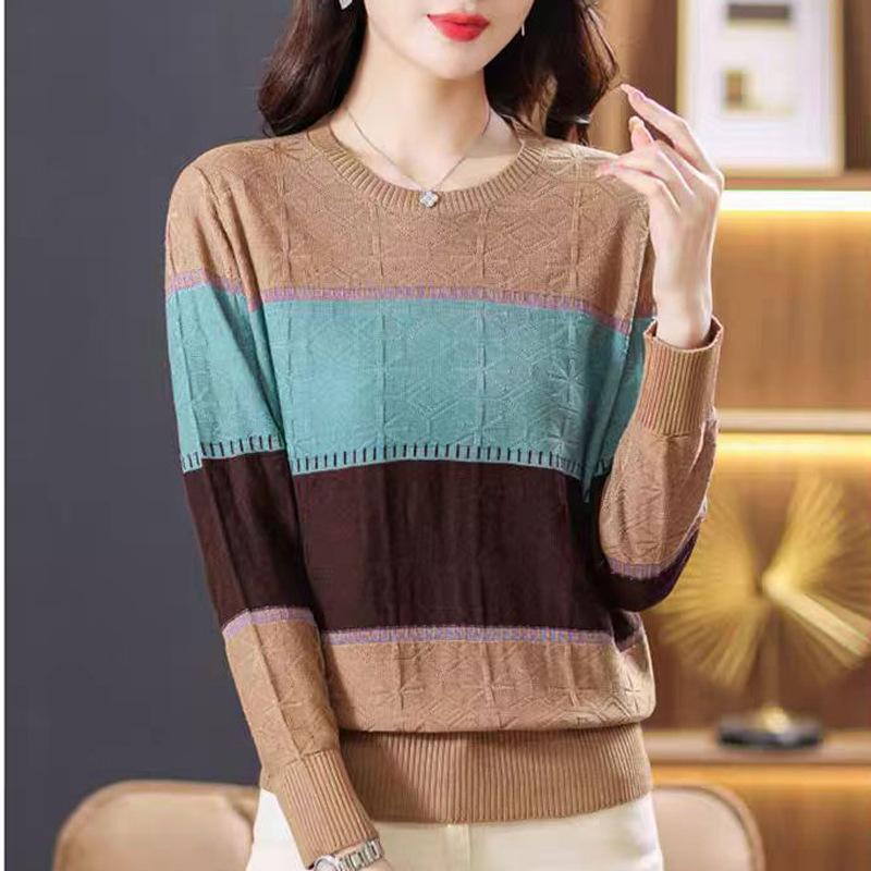 Striped Thin Knit Sweater Top Autumn Women's Color-blocked Crew Neck Pullover Sweater Women's Base Layer