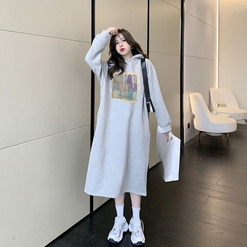 Women's Fall Dress - Knee-length Long Casual Hooded Long-sleeved Fleece Loose-fitting Pullover Dress