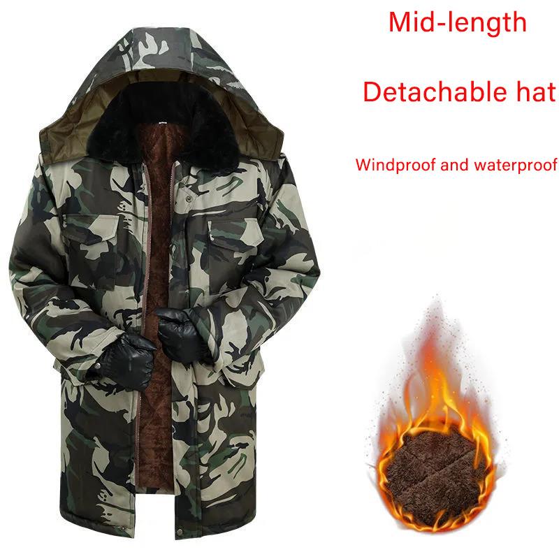 Pánská maskáčová péřová bunda s kapucí Středně dlouhá Zimní Hřejivá Bavlněná bunda Pánský Ležérní Top Univerzální Zip Kovová Spona Kabáty Outdoorové Pracovní