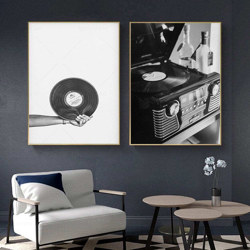 Black and White Music Prints Retro Vinyl Record Guitar Poster Wall Art Canvas Painting Nordic Picture for Living Room Home Decor