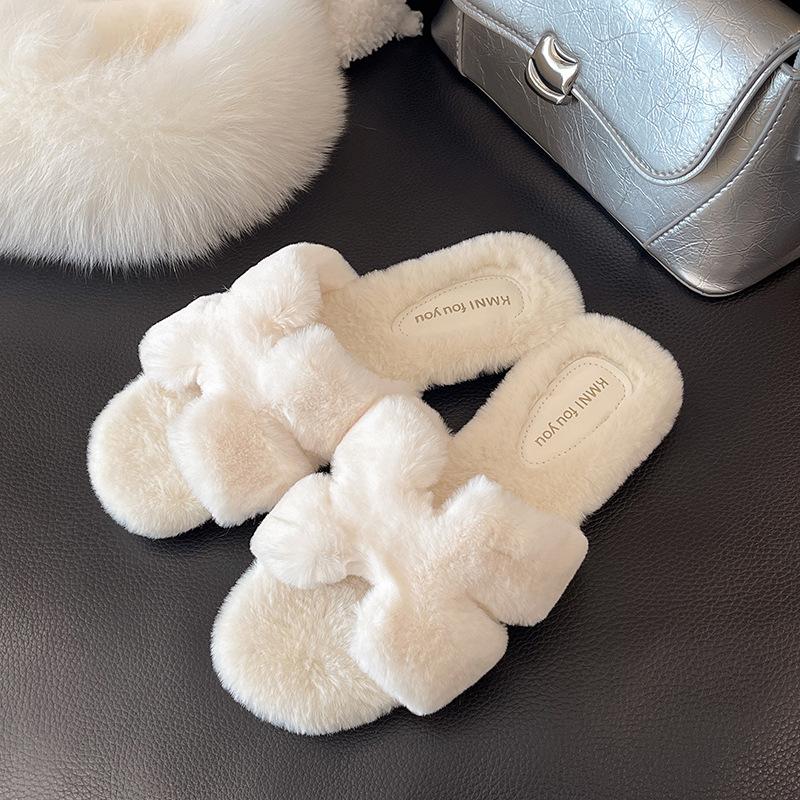 Thick-soled fluffy slippers women's wear 2025 new autumn and winter Internet celebrity rabbit fluffy fluffy shoes one-word cotton slippers