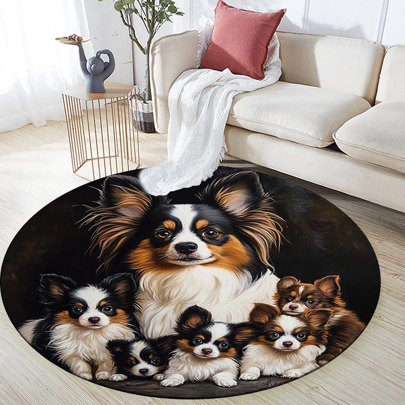 Papillon Dog Round Area Rug,Carpet Rug for Living Room Bedroom Sofa Playroom Decor,Non-slip Floor Mat