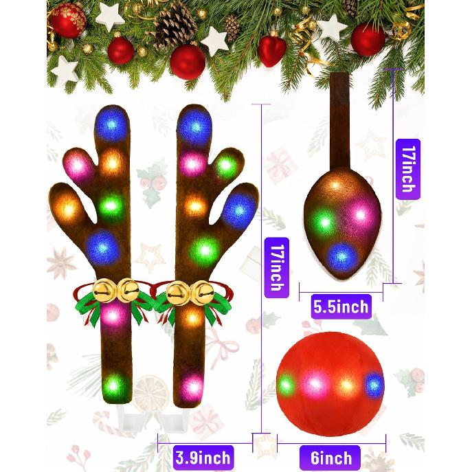 Christmas Reindeer Antlers Car Decoration Kit, LED Multicolor Lights Nose Vehicle With Jingle Bells Rudolph, Auto Holiday Accessories For SUV Van