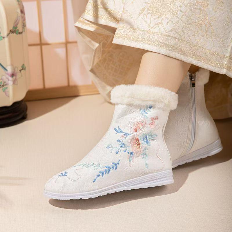 Winter Women's Flat Sole High Top Embroidered Cotton Boots Soft Sole Non Slip Plush Warm Ethnic Style Zippers Hanfu Boots