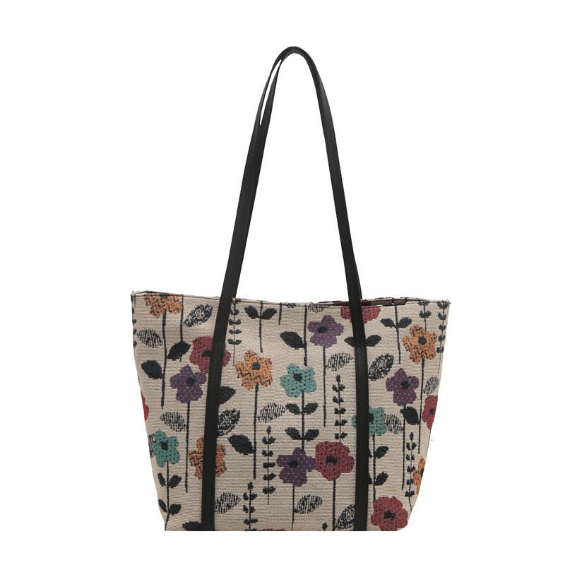 Leaves Flower Print Vintage Large Bag With Zipper Closure For Daily Use Women Fashion