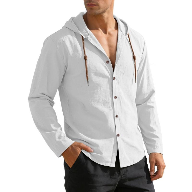 Men Hooded Linen Blend Shirt Long Sleeve Button Up Casual Solid Color Blouse S белый