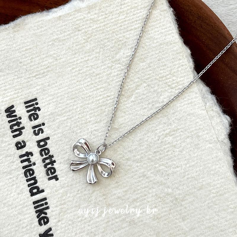 Cui Yan S925 Sterling Silver Korean Bow Pearl Necklace - 2025 Trendy Sweet Clavicle Chain for Women