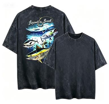 2026 new Vintage Washed Tuna Fish Print Tshirt Casual Short Sleeve Streetwear Tee 2XL