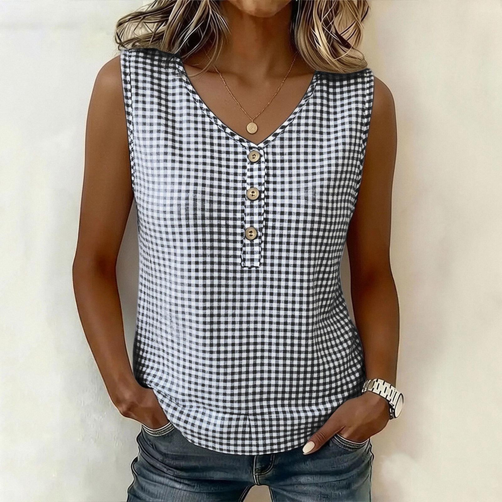 Women Sleeveless Plaid Tank Top Button Front Pullover Blouse Casual Loose Fit Summer Shirt XXL
