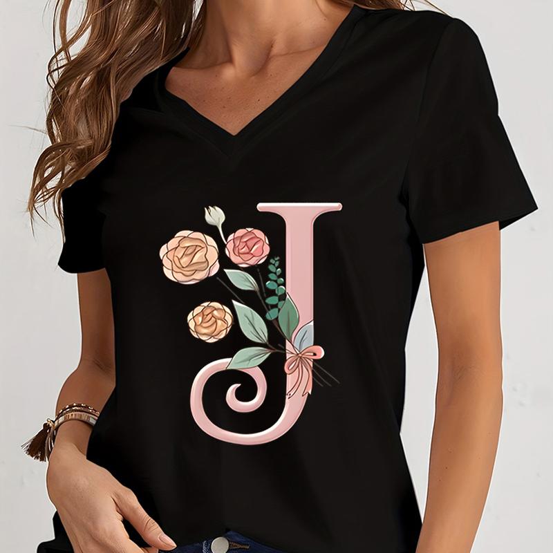 Cartoon Alphabet Flower Graphic Tee Womens Clothing Pink Flower Alphabet Gift Tshirt FeUnisex Vintage 26 Initials Flower Tshirt