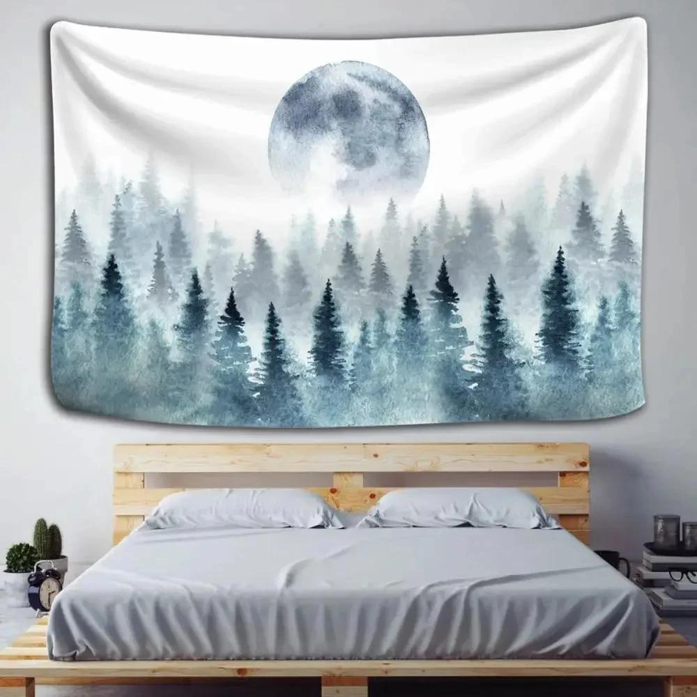 Nature Forest Mountain Tapestry Misty Pine Tree Tapestry Foggy Woodlands Landscape Tapestries Wall Hanging for Living Room Dorm