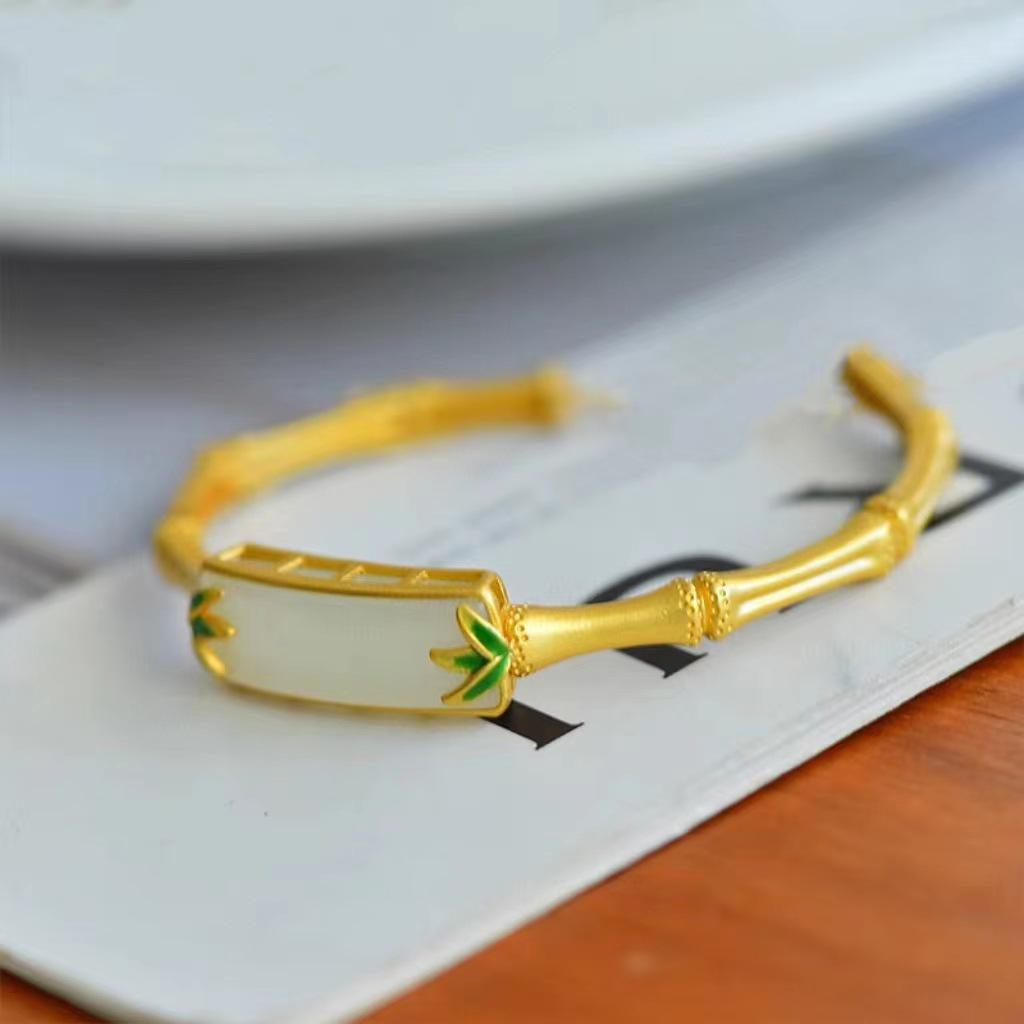 Vietnamese Jade Bamboo Leaf Bangle: Women’s Brass Gold-Plated Ancient Method Bracelet