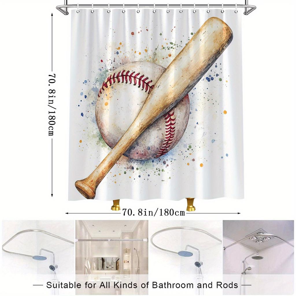 Baseball Shower Curtain - Watercolor Wooden Bat & Ball, Nostalgic Sports Theme, Water-Resistant Polyester