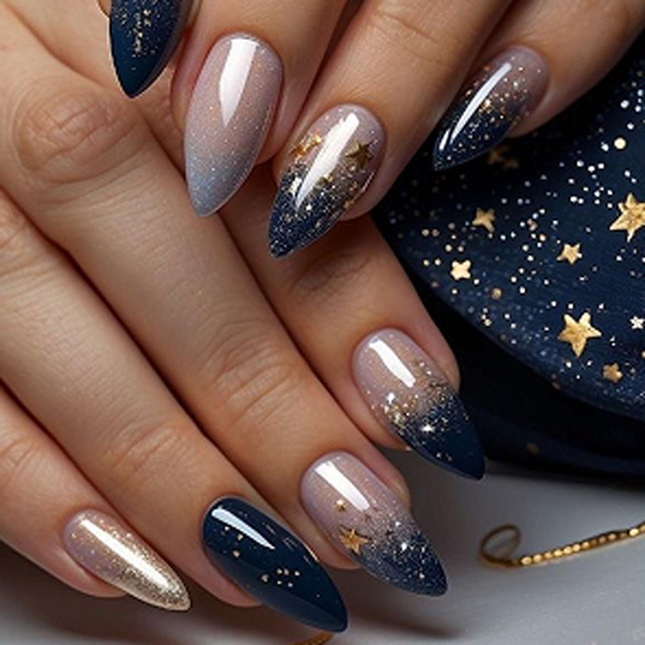 

Short Spicy Star Almond Glitter Gradient False Nails ST3756 [Includes Glue]