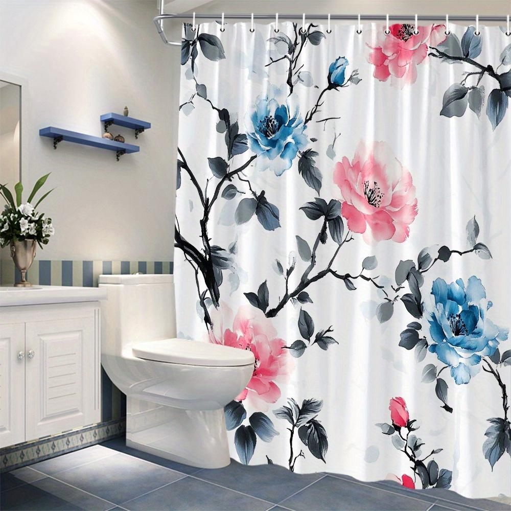 1pc Floral Watercolor Shower Curtain - Elegant Pink & Blue Blooms with Dark Branches, White Background, 70x70 Inches,