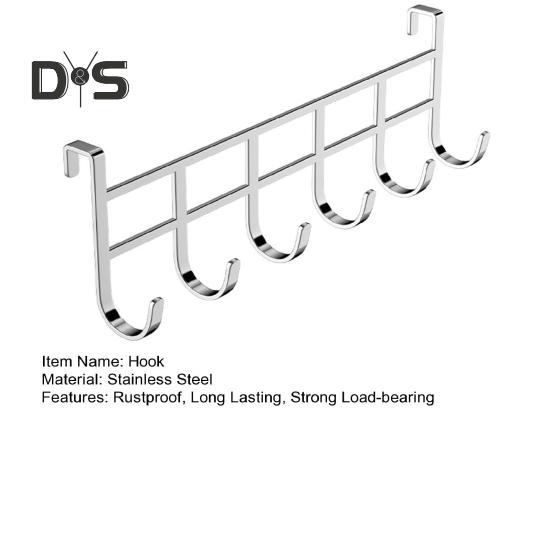 Storage Rack with 6 Hooks Sturdy Construction Strong Load-bearing Simple Installation Clothes Hanger Stainless Steel Hook