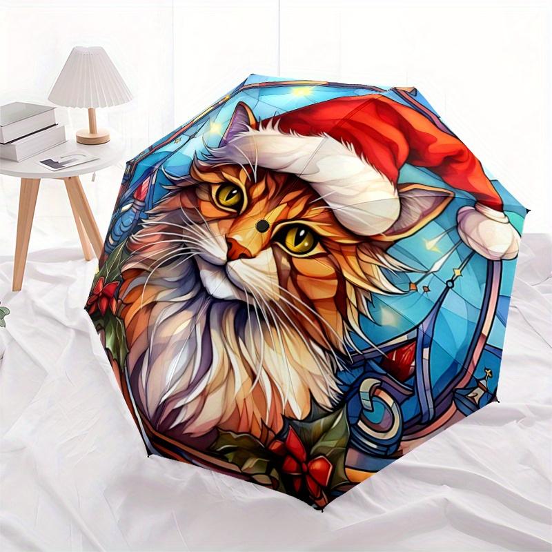 1pc Christmas Cat Automatic Opening and Closing Umbrella, Lightweight 3-Fold, With Cute Cartoon Characters, Suitable for Home, Outdoor and D
