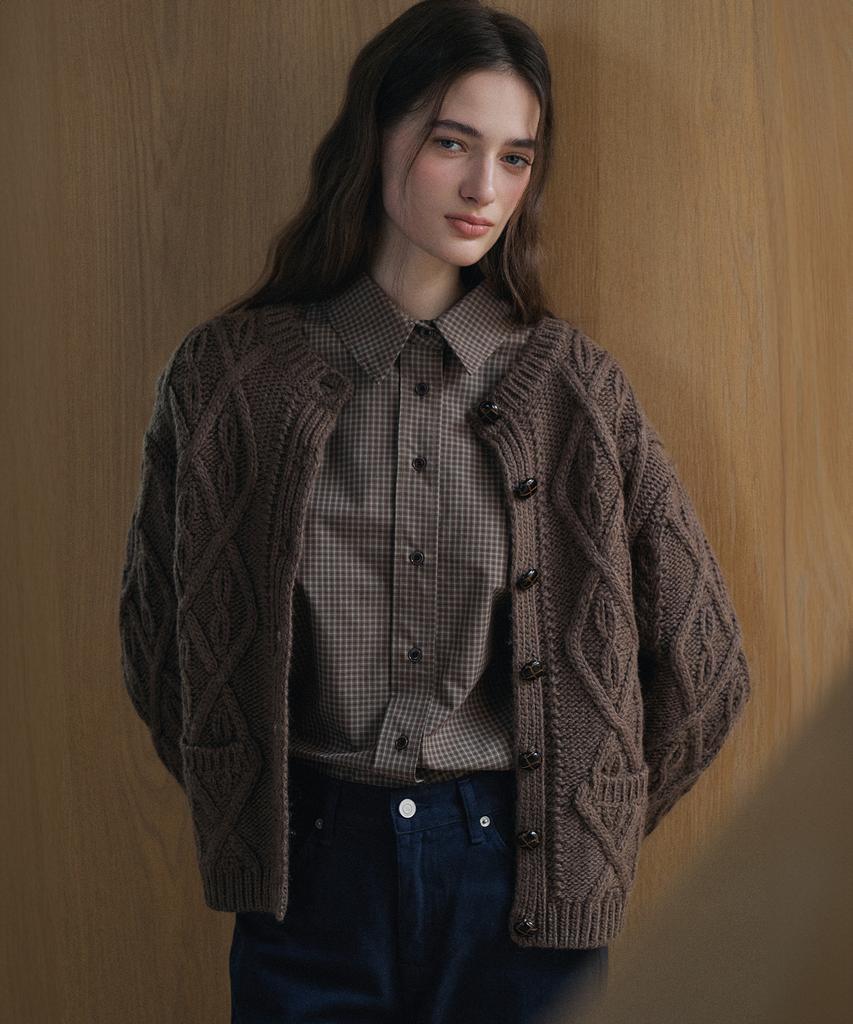 VERBOM Wool Fisherman Cable Cardigan_Khaki Brown