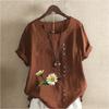 Women's Fashion Round Neck Short Sleeve T-shirt Casual Cotton Linen Graphic Shirt Chrysanthemum Prined Summer Blouse Tops Plus Size