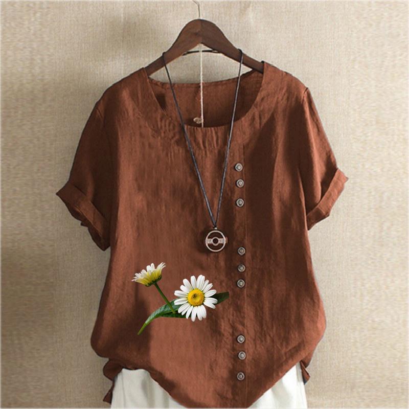 Women's Fashion Round Neck Short Sleeve T-shirt Casual Cotton Linen Graphic Shirt Chrysanthemum Prined Summer Blouse Tops Plus Size