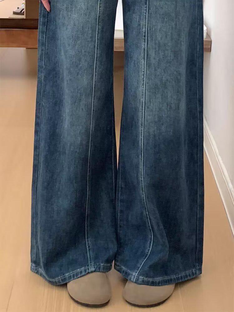 Women's Plus Size High-Waisted Retro Washed Wide-Leg Jeans
