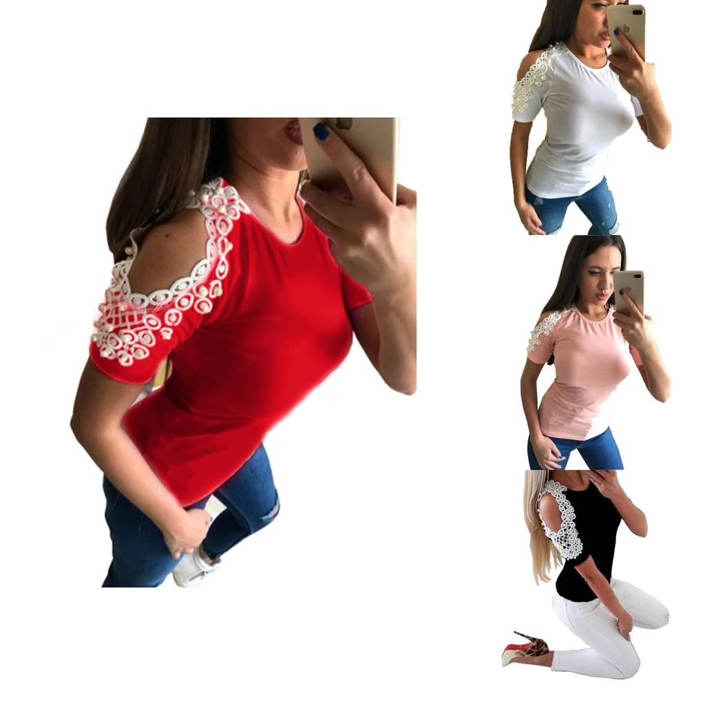 Trendy Women Short Sleeve Off Shoulder Lace Splice Blouse With Comfortable Fit