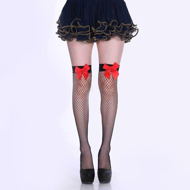 Sweet Bowknot Accent Thigh High Long Socks for Women Halloween Cosplay Parties Fishnet Striped Thigh High Stockings