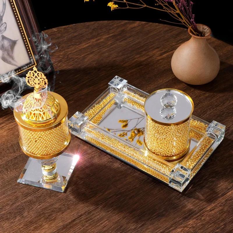 Golden Beads Glass Crystal Incense Burner Living Room Bedroom Crystal Ornaments Arabic Incense Burner Incense Plug