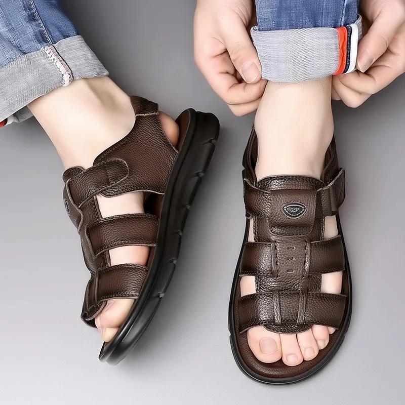 Fashion 2024Men's Sandals Luxury Genuine Leather Sandal Outdoor Casual Sandals Non Slip Beach Shoes for Men Driving Sandalias Big Size47