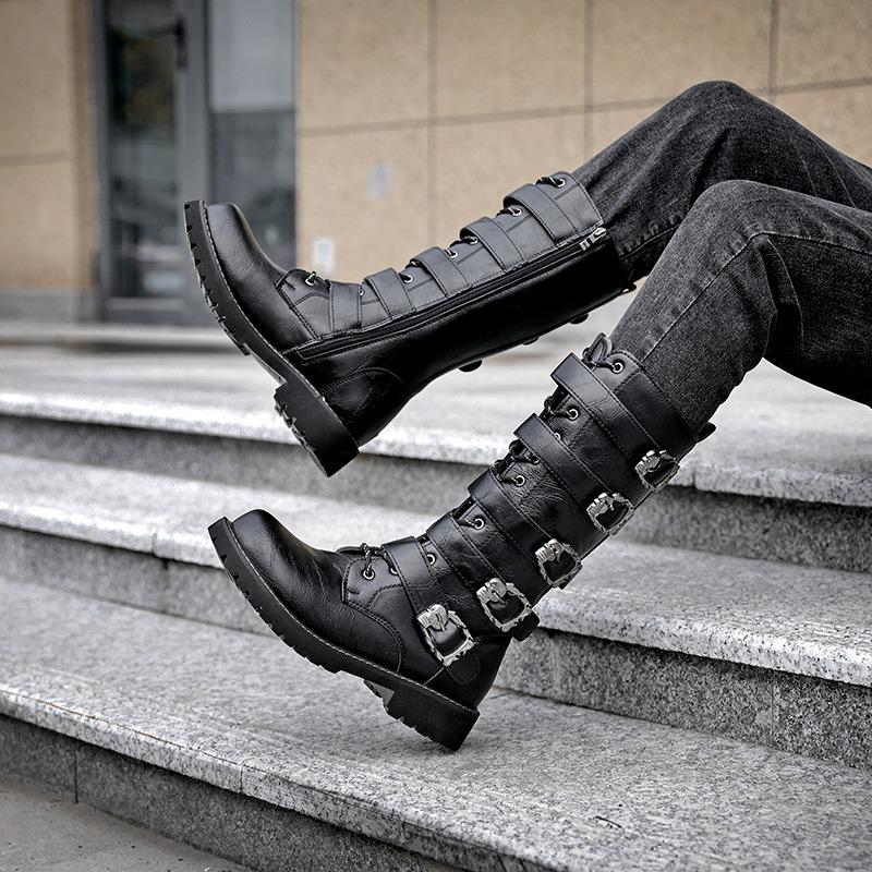 Gotiska Punk Platåstövlar Mode Herr Motorcykelstövlar Kvalitetsläder Mellanvadsstövlar Western Cowboy Stövlar Herr Stövletter Botas2025