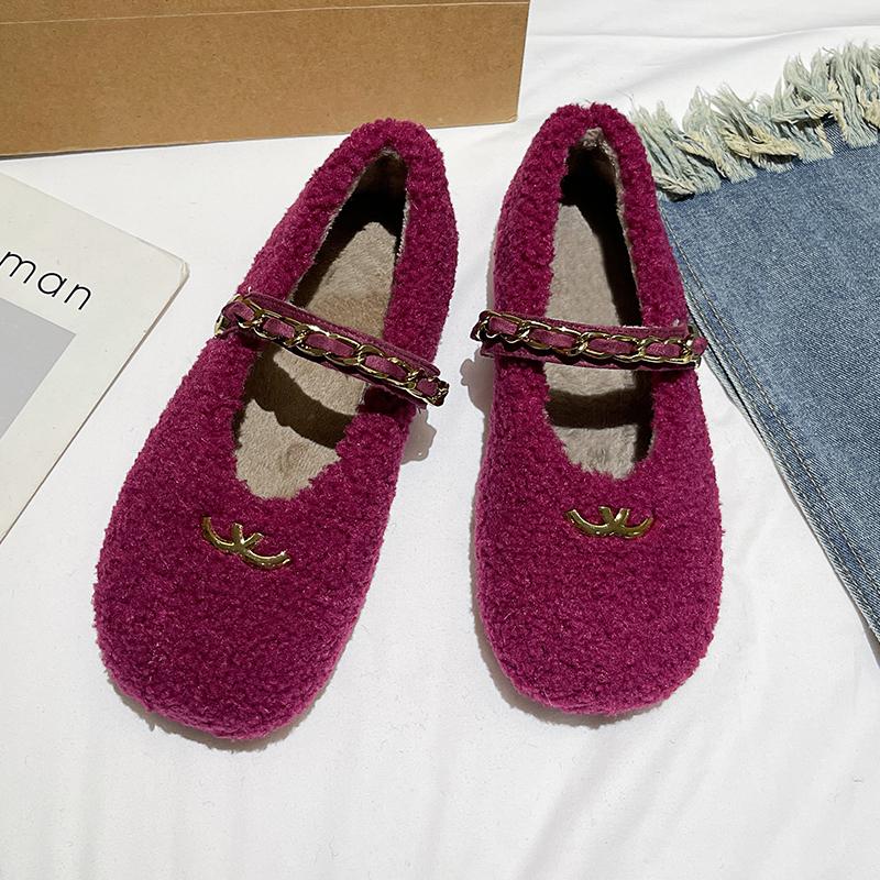 Fashion Aphixta Metal Chain Dec Slip On Flats Soft Fleeces Shoe Shallow Furry Flat With Women Loafers  Slip On Warm Winter Casual Shoes