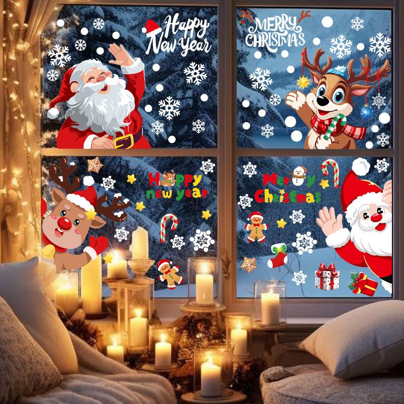 2025 Christmas Decorative Glass Window Stickers Santa Claus Snowman Elk Scene Layout Electrostatic Wall Sticker Xmas Ornaments