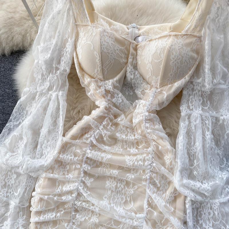 Frence seksowna koronkowa przezroczysta sukienka jednoczęściowa damska elegancka latarnia rękaw elegancka Mini sukienka Lady słodka impreza urodzinowa projektowanie mody odzież 2024