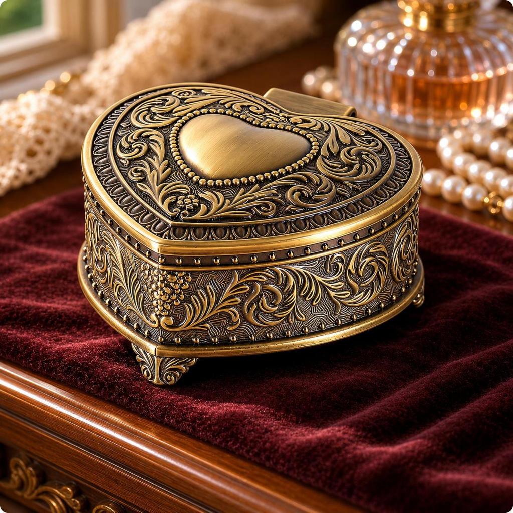 HeartShaped Jewelry Box VelvetLined Container Embossed Antique Case