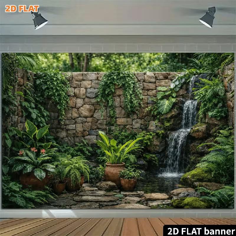 2D Patio Garden Banner with Potted Plants and Ferns Photo Booth Background Cloth