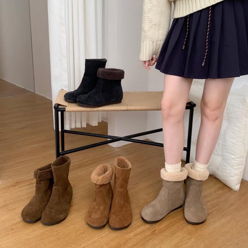 Cowhide Version Inner Height-increasing Lamb Wool Short Boots 2025 New Autumn and Winter Boken Short Boots Stacking Boots Thermal Cotton Boots